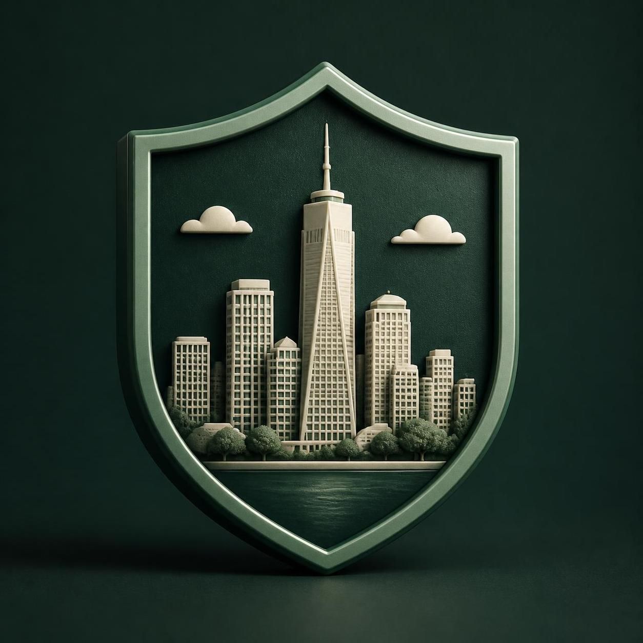 Escudo con el skyline de una ciudad de Estados Unidos, símbolo de seguro de viaje