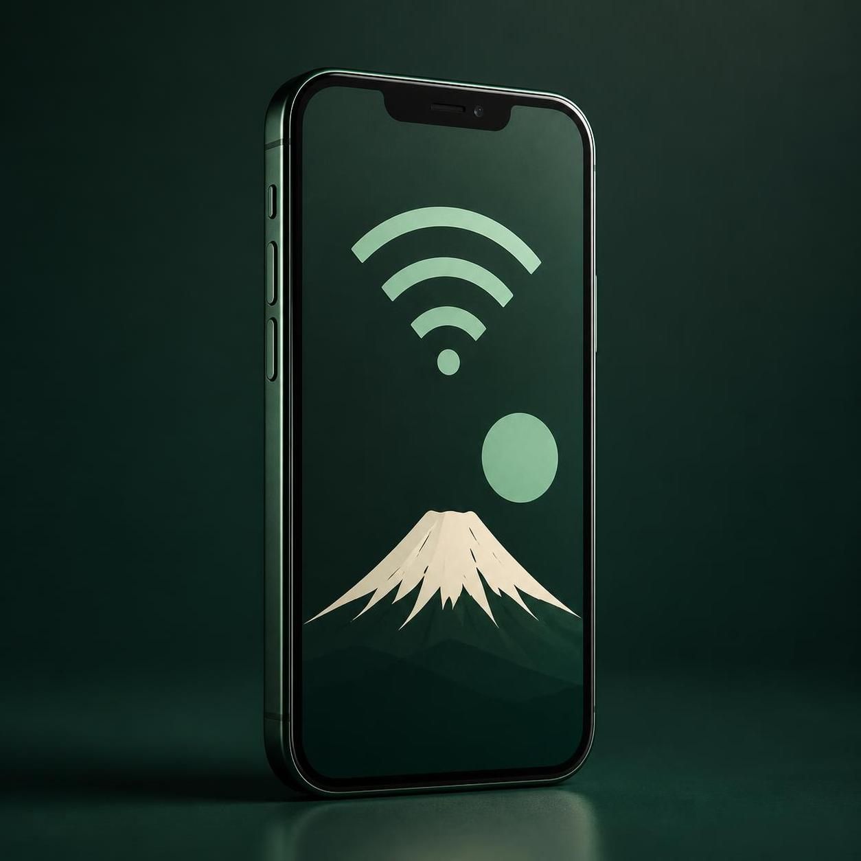 Móvil con el monte Fuji y señal de datos, símbolo de eSIM para Japón